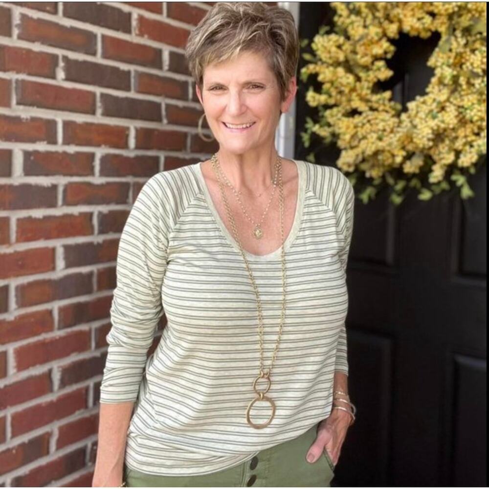 Cabi 4375 Game Tee Fall 2022 Grey Stripe Long Sleeve Crew Neck SM